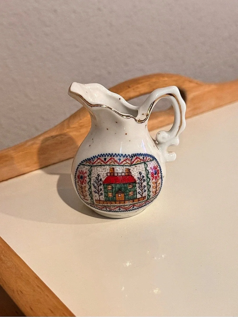 Vintage Enesco Japan Cross Stitch Sampler Ceramic Mini Pitcher Creamer, 1970s Co